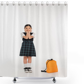 Personality  Happy Girl In School Uniform Standing Near Backpack On White Background, Back To School, Full Length Shower Curtains