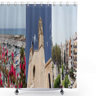 Personality  CATALONIA, SPAIN - APRIL 30, 2020: Collage Of Yachts In Port, Urban Street And Church Of San Bartolome And Santa Tecla With Blue Sky At Background Shower Curtains