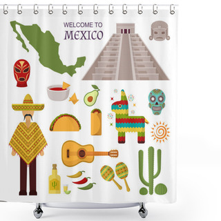 Personality  Vector Welcome To Mexico America Guitar Set, Cactus Design Icons. Shower Curtains