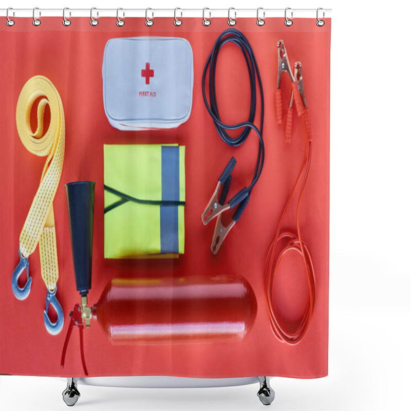 Personality  Top View Of Fire Extinguisher, First Aid Kit And Jump Start Cables On Red Background Shower Curtains