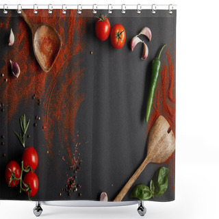 Personality  Top View Of Red Cherry Tomatoes, Spicy Chili Pepper, Garlic Cloves And Fresh Herbs Near Spoons With Paprika Powder On Black  Shower Curtains