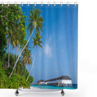 Personality  Sandy Beach With Stones And Forest. Above The Sea Is A Row Of Tropical Houses. Sunny Weather. Shower Curtains