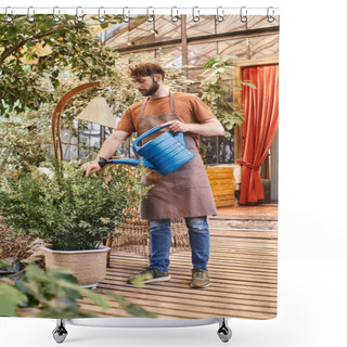 Personality  Professional Gardener In Linen Apron Watering Green Bush With Blue Watering Can In Greenhouse Shower Curtains