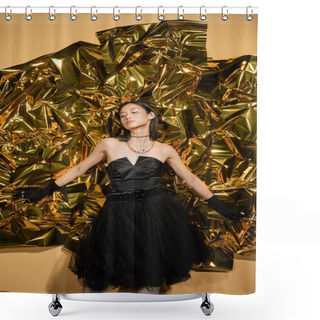 Personality  Enchanting Asian Young Woman With Short Hair Posing In Black Strapless Dress With Tulle Skirt And Gloves While Standing Next To Shiny Yellow Background, Model, Wrinkled Golden Foil, Looking Away Shower Curtains