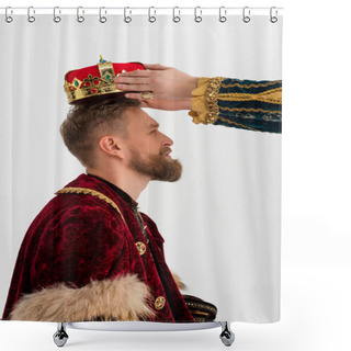 Personality  Cropped View Of Man Putting Crown On King On Grey Background  Shower Curtains