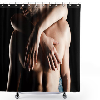 Personality  Cropped View Of Woman Hugging Shirtless, Sexy Man Isolated On Black Shower Curtains