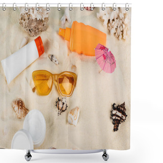 Personality  Top View Of Containers With Sunscreen And Cosmetic Cream Near Sunglasses And Seashells On Sand Shower Curtains
