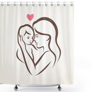 Personality  Mother And Son Stylized Vector Silhouette, Outlined Sketch Of Mo Shower Curtains
