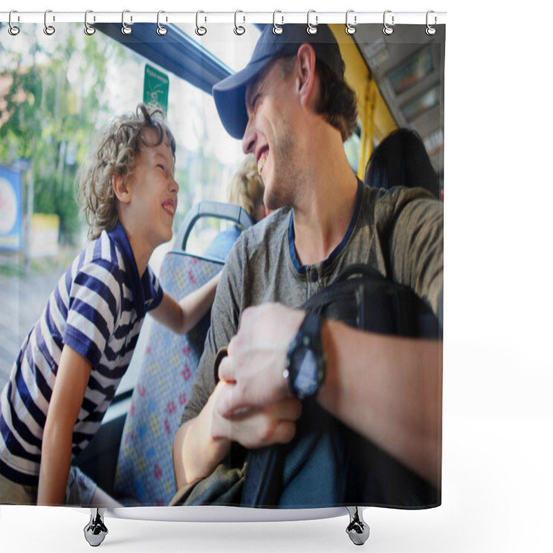 Personality  The young man goes by the bus together with the son. shower curtains