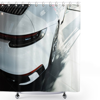 Personality  KYIV, UKRAINE - OCTOBER 7, 2019: Modern Porshe With White Car Bumper In Car Showroom  Shower Curtains