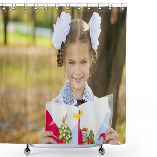 Personality  Happy Little Schoolgirl In Autumn Park Shower Curtains