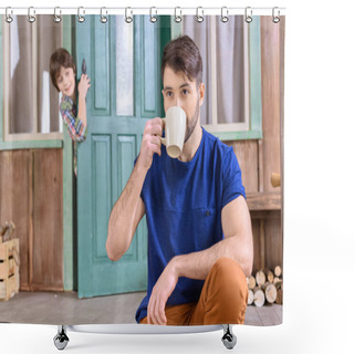 Personality  Man Holding Cup Of Tea Shower Curtains