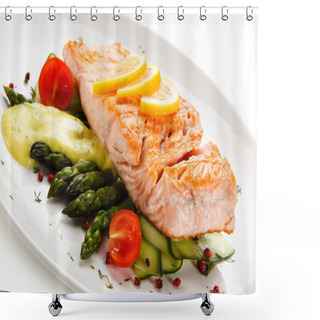 Personality  Baked Salmon With Asparagus, Fresh Tomatoes, Lemon Slices On White Plate Shower Curtains
