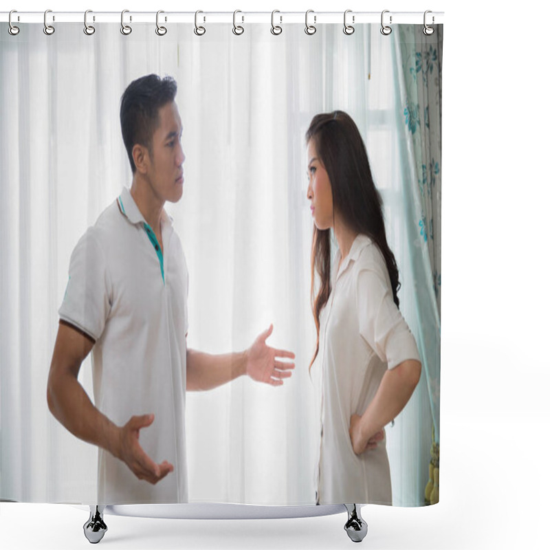 Personality  Young Man Quarreling With His Wife At Home While Screaming And S Shower Curtains
