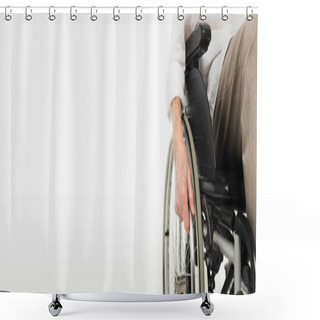 Personality  Partial View Of Elderly Man Sitting In Wheelchair Isolated On White, Banner Shower Curtains
