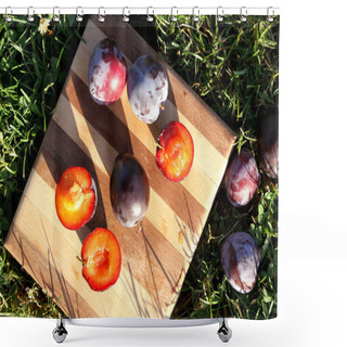 Personality  Santa Rosa Plums On Wood Cutting Board On The Grass At A Picnic - Overhead Shower Curtains