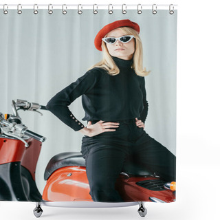 Personality  Fashionable Blonde Girl In Red Beret Posing By Vintage Scooter Isolated On Grey Shower Curtains