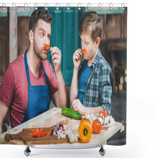 Personality  Little Boy With Father Doing Moustaches With Slices Of Pepper While Cooking At Table  Shower Curtains