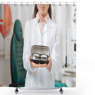Personality  Partial View Of Optician In White Coat Holding Pair Of Eyeglasses In Clinic Shower Curtains