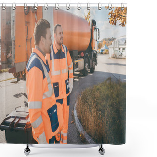 Personality  Two Garbage Removal Service Workers Having Short Break Shower Curtains