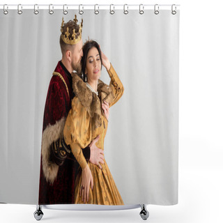 Personality  King With Crown Kissing And Hugging Smiling Queen Isolated On Grey Shower Curtains