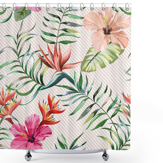 Personality  Botanical Multicolor Seamless Pattern Hibiscus, Bird Of Paradise_ Strelizia Flowers And Fern, Banana, Palm Green Leaves On Light Coloured Background. Exotic Wallpaper Design Shower Curtains