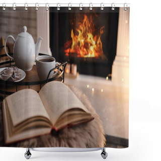 Personality  Cup Of Tea, Cookies And Book On Faux Fur Near Fireplace Indoors, Space For Text. Cozy Atmosphere Shower Curtains