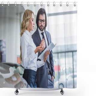 Personality  Side View Of Seller And Stylish Businessman At Dealership Salon Shower Curtains