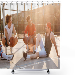 Personality  Group Of Cheerful Multiethnic Friends Basketball Players Sitting At The Sports Ground Shower Curtains