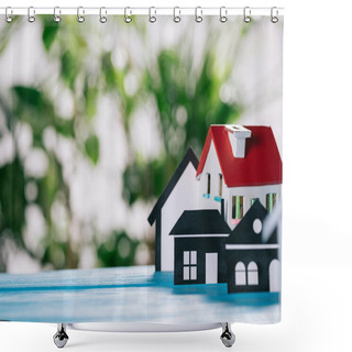 Personality  Selective Focus Of Paper Houses And House Model On Wooden Desk, Mortgage Concept Shower Curtains