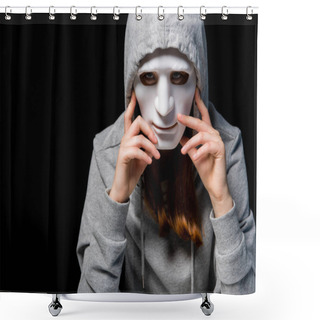 Personality  Anonymous Girl In Grey Hoodie And Mask Isolated On Black Shower Curtains