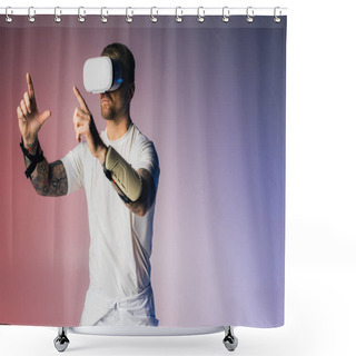 Personality  A Man In A White Shirt Holds A Pair Of Virtual Glasses In A Studio Setting, Exploring The Metaverse. Shower Curtains