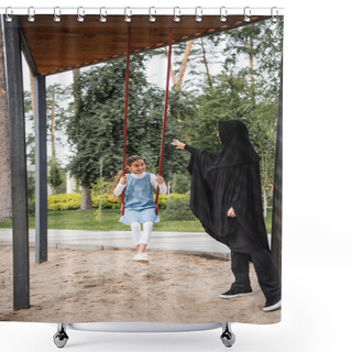 Personality  Smiling Arabian Girl On Swing Looking At Mother In Hijab On Playground  Shower Curtains