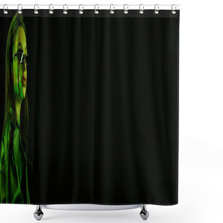 Personality  Portrait Of Brunette Woman In Dark Sunglasses And Leather Coat In Green Light Isolated On Black, Banner Shower Curtains