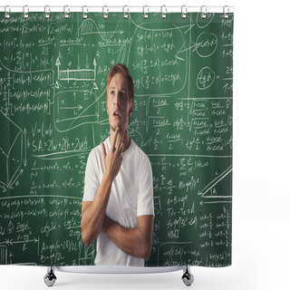 Personality  Portrait Of Young Thinking Man On Mathematics Background Shower Curtains