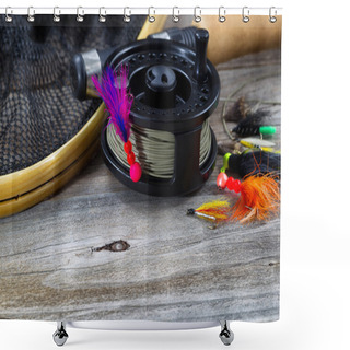 Personality  Close Up Of Fly Reel With Fly Jig Hanging From Spool  Shower Curtains