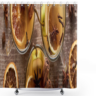 Personality  Top View Of Traditional Pear Mulled Wine In Glasses With Spices On Wooden Rustic Table, Panoramic Shot Shower Curtains