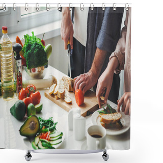 Personality  Angle View Of Couples Hands Preparing The Meal, Chopping Bread For Sandwiches In Their Kitchen. Vegetarian Healthy Food. Healthy Vegetarian Lunch. Family Shower Curtains