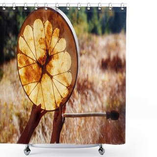 Personality  Shaman Frame Drum In Woman Hand In The Nature. Shower Curtains