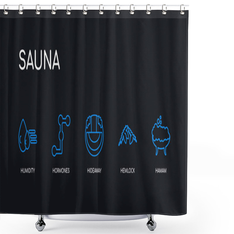 Personality  5 Outline Stroke Blue Hamam, Hemlock, Hideaway, Hormones, Humidity Icons From Sauna Collection On Black Background. Line Editable Linear Thin Icons. Shower Curtains
