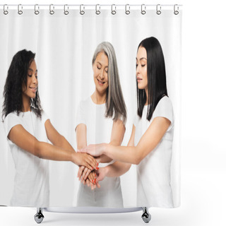 Personality  Happy Multicultural Women Putting Hands Together Isolated On White  Shower Curtains