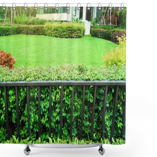 Personality  Green Lawns, Front Lawn For Background, Garden Design, Beautiful Shady Landscape, House With Garden, Garden With A Freshly Mowed Lawn.      Shower Curtains