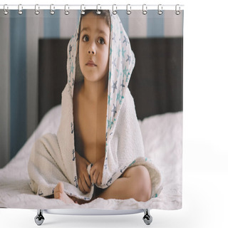 Personality  Cute Kid, Covered With Hooded Towel, Sitting On Bed And Looking Away Shower Curtains