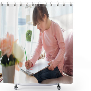 Personality  Cute Child With Down Syndrome Drawing With Pencil Shower Curtains