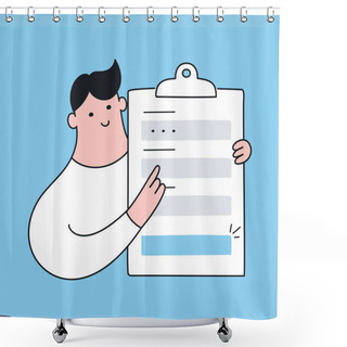 Personality  Registration Form. Cute Cartoon Man With A Registration Sign Up Form, Filling All Fields For Signing In, CTA Concept, Clipboard With Fields To Fill. Flat Line Vector Icon  Shower Curtains