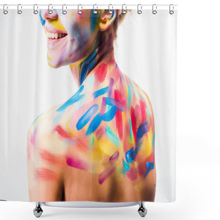 Personality  Cropped Image Of Smiling Girl With Colorful Bright Body Art Isolated On White  Shower Curtains