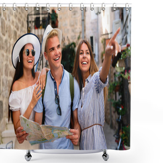 Personality  Travel, Vacation And Friendship Concept. Group Of Smiling Friend With City Map Exploring City Shower Curtains