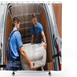 Personality  Movers In Uniform Loading Armchair In Stretch Wrap In Truck Outdoors  Shower Curtains