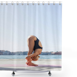 Personality  Blonde Woman In Bodysuit Stretching On Yoga Mat On Embankment In Venice  Shower Curtains