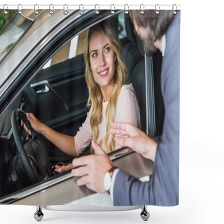 Personality  Seller In Formal Wear Recommending Automobile To Woman At Dealership Salon Shower Curtains